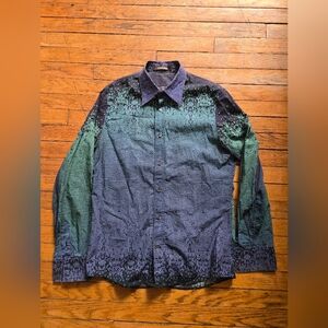 Vtg Y2K Roberto Cavalli M 40 Gradient Blue Green Collared Shirt made in Italy